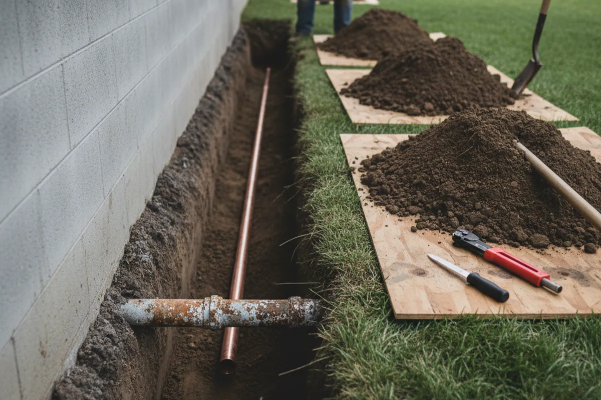 Excavated water line trench during Sewer Line Repair in Sherman Oaks